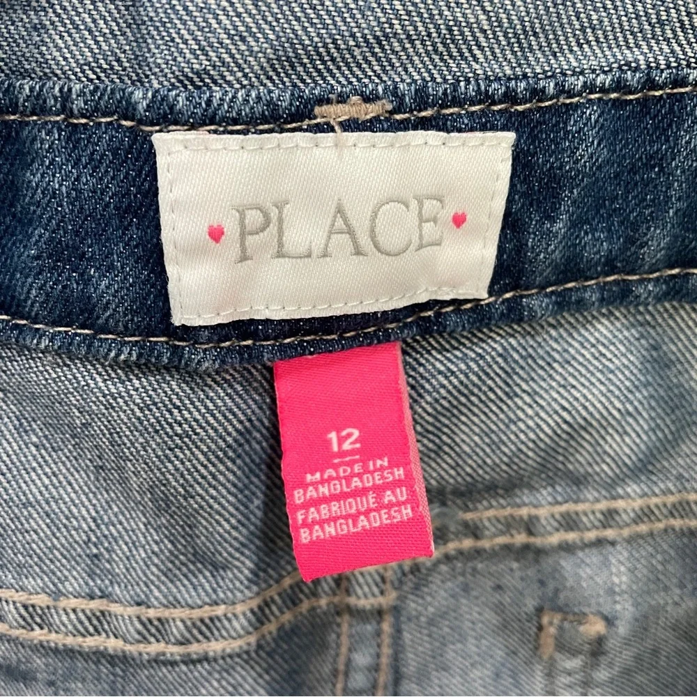 The Children's Place Denim Short Overalls with Lace Trim, Size 12.